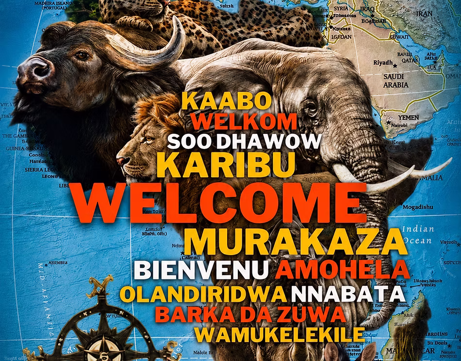 Illustrated map of Africa surrounded by wildlife, with the word welcome in many languages — Karibu, Welcome, Murakaza, Bienvenu and Amohela